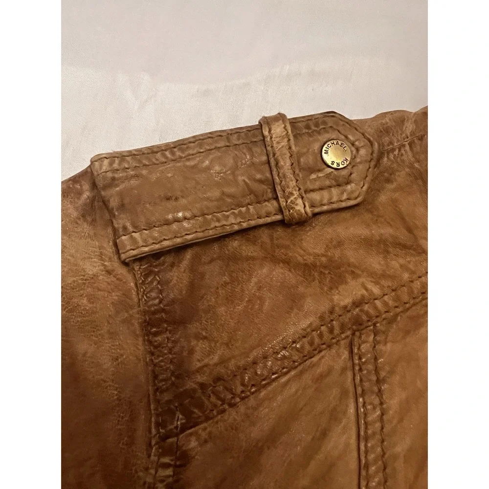 MICHAEL KORS Leather Moto Jacket Cafe Racer Zipped Sleeve Pocket Cognac Brown Lg